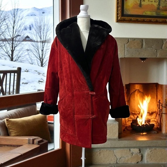 Neiman Marcus Red Suede Hooded Parka Coat Black Faux Fur Lining Longline Jacket - Picture 1 of 10